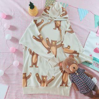 Bear Print Hoodie Dress Beige - One Size