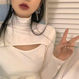Plain Mock-neck Cutout Long-sleeve Slim-fit Top