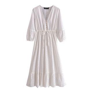 Balloon-sleeve V-neck Eyelet Midi A-line Dress