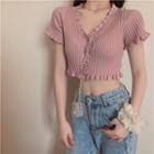 Short-sleeve V-neck Ruffle Trim Cropped Cardigan