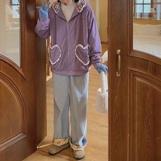 Fleece-lined Frill Trim Hooded Zip Jacket