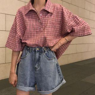 Elbow-sleeve Plaid Shirt Plaid - Pink - One Size