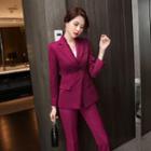 Set: Ruffled Double-breasted Blazer + Straight-cut Pants