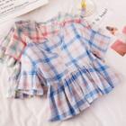 Plaid Short-sleeve V-neck Cropped Blouse
