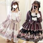 Set: Long-sleeve Printed A-line Dress + Headpiece