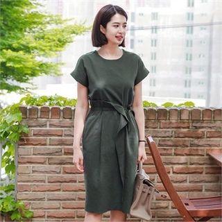 Tie-waist Ruffle-trim Linen Blend Dress