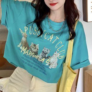 Short-sleeve Lettering Cat Print T-shirt