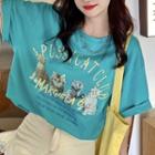 Short-sleeve Lettering Cat Print T-shirt