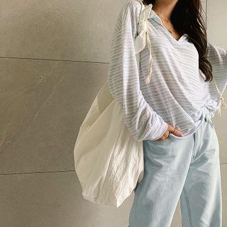 Linen Blend Stripe Hoodie Sky Blue - One Size