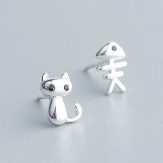 925 Sterling Silver Non-matching Cat & Fish Bone Earring 1 Pair - S925 Sterling Silver - One Size