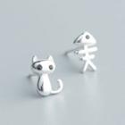 925 Sterling Silver Non-matching Cat & Fish Bone Earring 1 Pair - S925 Sterling Silver - One Size