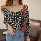Floral Print Long-sleeve Cropped Blouse As Shown In Figure - One Size