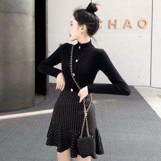 Set : Half-high Collar Knit Top + Striped High Waist Skirt