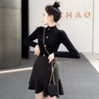 Set : Half-high Collar Knit Top + Striped High Waist Skirt