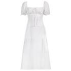 Puff-sleeve Square-neck Drawstring Midi A-line Dress