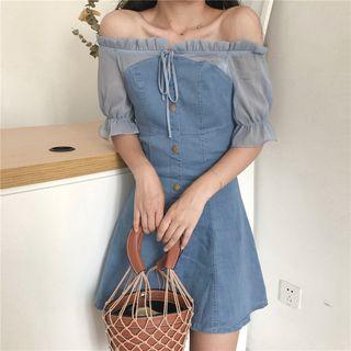 Denim Panel Off Shoulder Short Sleeve A-line Dress