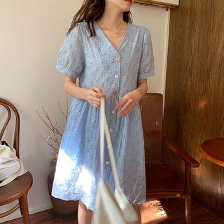 V-neck Floral Pattern Short-sleeve Midi Dress Blue - One Size