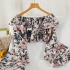 Bell-sleeve Off-shoulder Floral Print Blouse Pink Floral - White - One Size