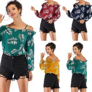Leaf Print Cold-shoulder Chiffon Blouse