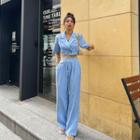 Set: Elbow-sleeve Crop Blazer + Wide-leg Pants