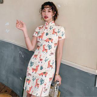 Cartoon Print Short-sleeve Slit Mini Qipao