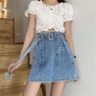 Set: Denim A-line Mini Skirt + Belt