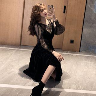 Set: Puff-sleeve Mesh Top + Spaghetti Strap Velvet Dress