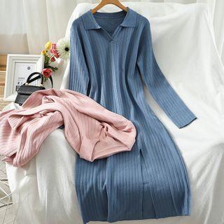 Collared Slit Midi Knit Dress