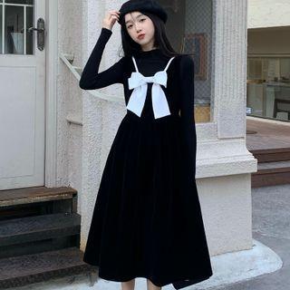 Sleeveless Bow-accent Velvet Midi Dress