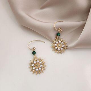 Beaded Dangle Earring 1 Pair - Gold & Green - One Size