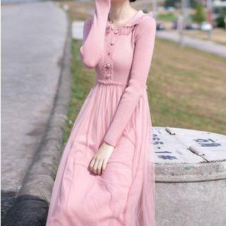 Collared Mesh Overlay A-line Midi Knit Dress