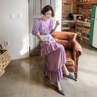 Frilled-detail Asymmetric-hem Long Dress