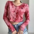 Long-sleeve Embroidered Tie-dye Buttoned Crop Top