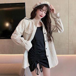 Tweed Buttoned Jacket / Spaghetti Strap Mini Dress