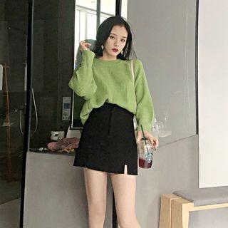 Plain Long-sleeve Knit Top / A-line Skirt