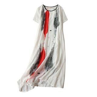 Short-sleeve Printed Midi Chiffon Dress White - One Size