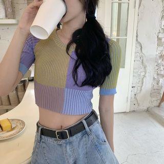 Short-sleeve Color Block Knit Crop Top