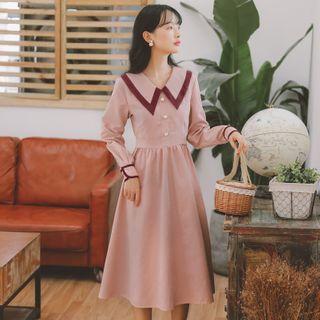 Lapel Color Panel Long-sleeve Dress