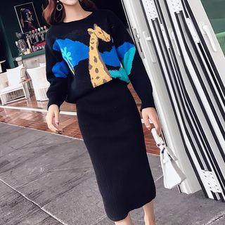 Set: Printed Sweater + Midi Skirt Black - One Size
