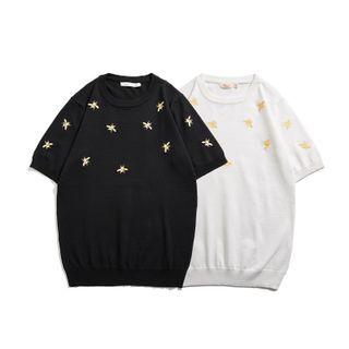 Short-sleeve Bee Embroidered Knit Top