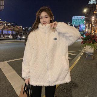 Stand-collar Plain Furry Long-sleeve Zip Jacket