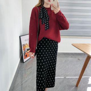 Set: Ribbon Sweater + Dotted Midi Pencil Skirt