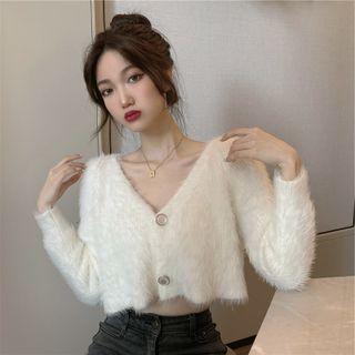 Cropped Fluffy V-neck Cardigan