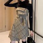 Set: Mock-turtleneck Cutout Long-sleeve Top + Belted Plaid Strapless Pinafore Dress