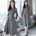 Tab-accent Long-sleeve Plaid Dress