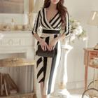 3/4-sleeve Striped Midi Sheath Dress