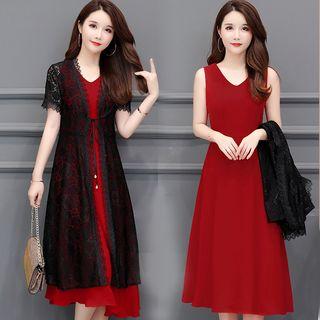 Set: Sleeveless A-line Midi Dress + Short-sleeve Lace Light Jacket