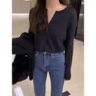 Half-placket Ribbed Knit Top One Size