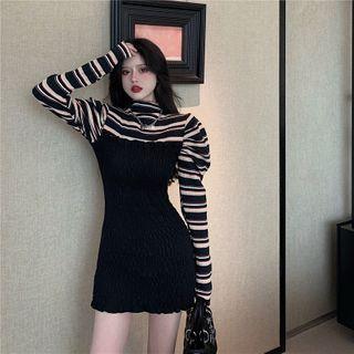 Long-sleeve Mock Two-piece Striped Mini Dress