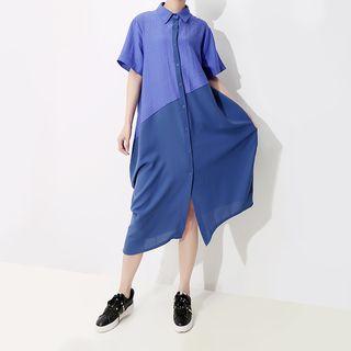 Elbow-sleeve Chiffon Midi Shirt Dress